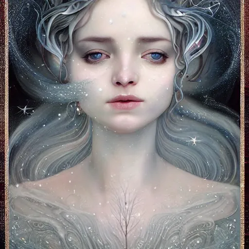 Prompt: Beautiful Delicate Detailed full head portrait of snow woman, With Magical grey eyes by Tom Bagshaw, Bastien Lecouffe Deharme, Erik Johansson, Amanda Sage, Alex Grey, Alphonse Mucha, Harry Clarke, Josephine Wall and Pino Daeni, Delicate winter frozen creature With long white windy Hair and Magical Sparkling Eyes, Magic Particles; Magic Swirls, in a oit of this world magical frozen landscape, 4K; 64 megapixels; 8K resolution concept art; detailed painting; digital illustration; hyperrealism; trending on Artstation; Unreal Engine Photorealistic, lifelike, Unreal Engine, sharp, sharpness, detailed, 8K
