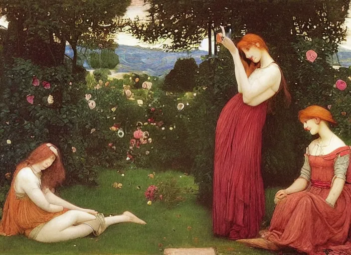 Prompt: a very very very colorful Pre-Raphaelite painting of two smiling women in a lush garden brushing their hair, holding iPhones, by Waterhouse