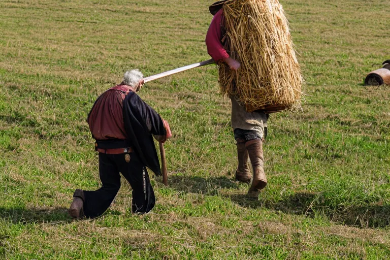 Image similar to man with scythe, medieval art, mowing of the hay, drmatic ligthing, traditional romanian clothes, woodstock festival