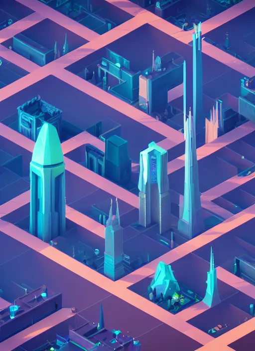 Prompt: a low poly isometric render of a cyberpunk city in the style of monument valley, intricate, elegant, smooth shading, soft lighting, illustration, simple, solid shapes, by magali villeneuve, jeremy lipkin and michael garmash, rob rey and kentaro miura style, octane render, zaha hadid