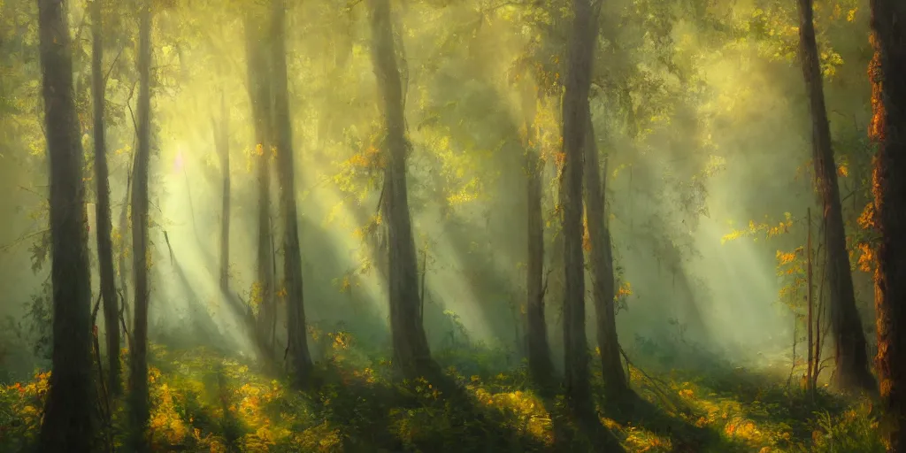 Image similar to An oil painting of an intensely beautiful forest in the morning with straight vertical trees; rays of light coming through the canopy; trending on artstation; extraordinary masterpiece!!!!!!; 8k; haunting beauty