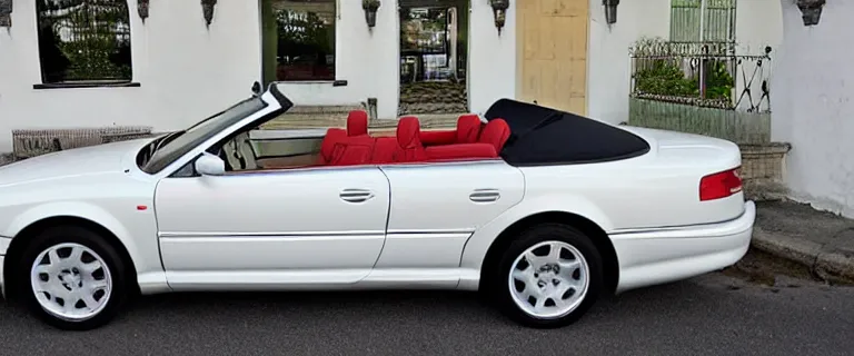 Prompt: Casablanca White Audi A4 B6 Avant Convertible (2002), red soft top roof raised, red interior, created by Barclay Shaw