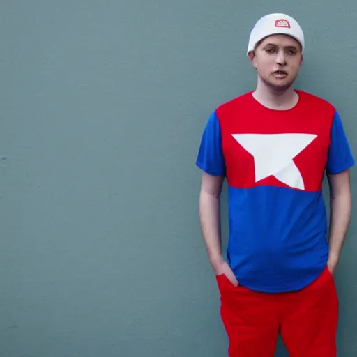 Image similar to a full body shot of an average white, short young - adult man with blue dyed hair holding a microphone, wearing a red backwards cap, white t - shirt with a red no symbol on it, blue long pants and red shoes