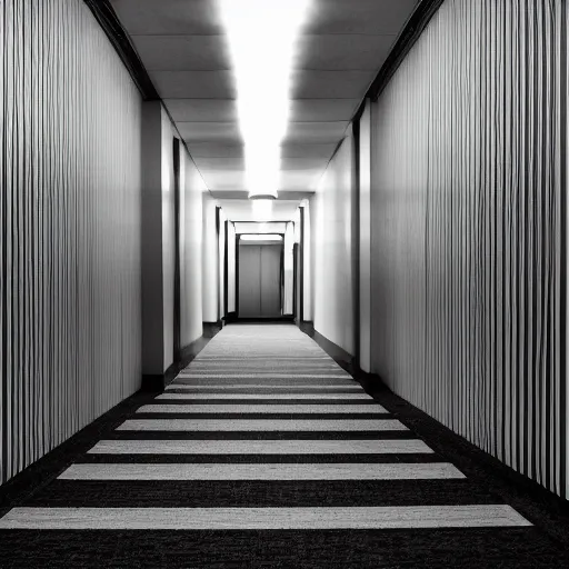 Prompt: endless maze of corridors, moist carpet, walls with a monochromatic tone of yellow, buzzing fluorescent lights