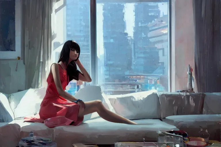 Image similar to A ultradetailed beautiful portrait panting of a stylish girl sitting in a messy modern apartment, bright sunny day, Oil painting, by Ilya Kuvshinov, Greg Rutkowski and Makoto Shinkai