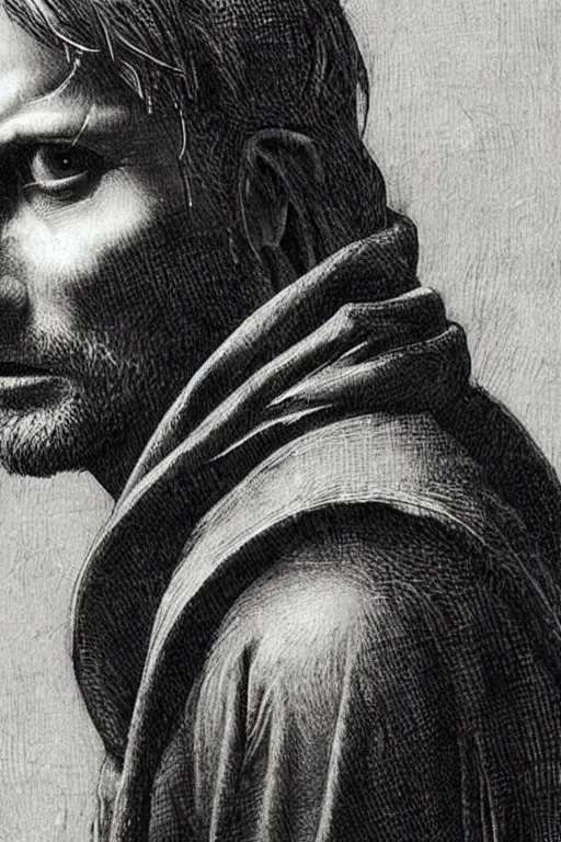 Prompt: a close - up portrait of a cyberpunk cyborg mads mikkelsen by leonardo da vinci, rule of thirds