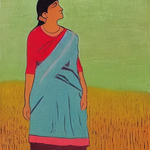 Image similar to a woman standing in a field in the style of alphonse muncha