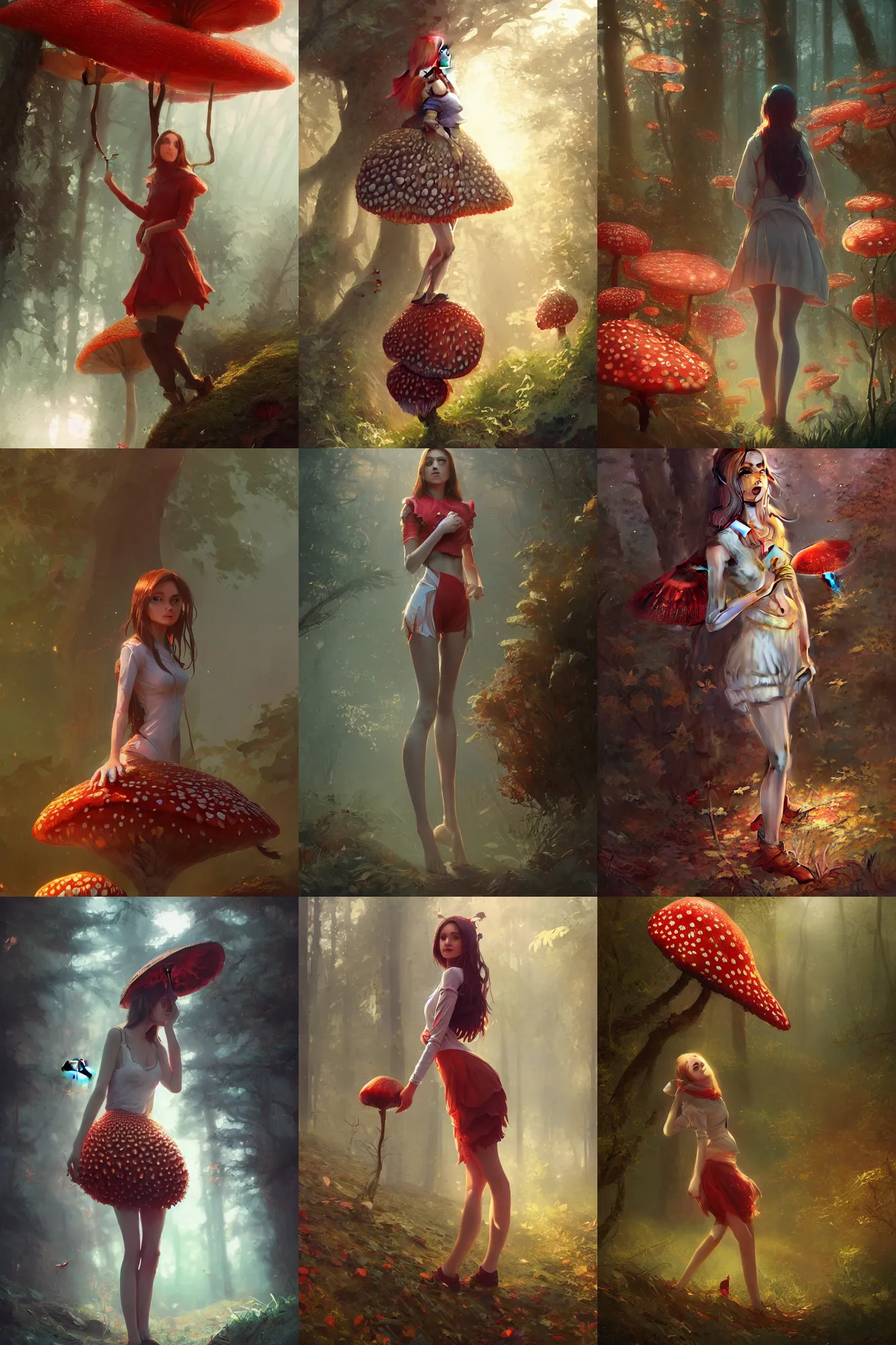 Prompt: girl in an outfit that looks like fly agaric, full shot, concept art, natural lighting, illustration, full color, highly detailed, photorealistic, by greg rutkowski, artstation,