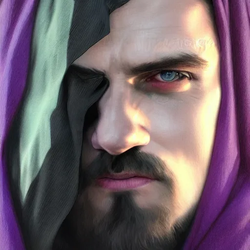 Prompt: ultra realistic illustration, man in a black hood, in a striped purple balaclava, mysterious, highly detailed, digital painting, artstation, concept art, smooth, sharp focus, illustration, art by artgerm and greg rutkowski and alphonse mucha