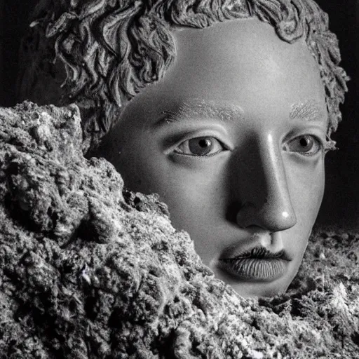 Prompt: Award-winning photograph by Cindy Sherman. The photo depicts a decaying roman bust of Mark Zuckerberg overgrown with moss at the bottom of the sea in the middle of ruins of civilization. Far shot. Minimalism, high definition, perfect composition. Deep sea picture. Very dark. Volumetric Lighting. Fish. Darkness. Ruins. Far Shot