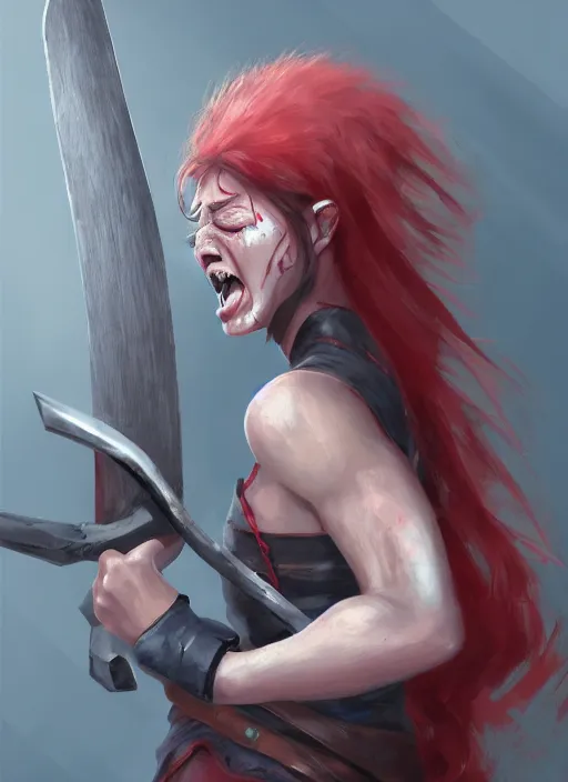 Image similar to woman warrior crying with angry striking her axe, trending on artstation