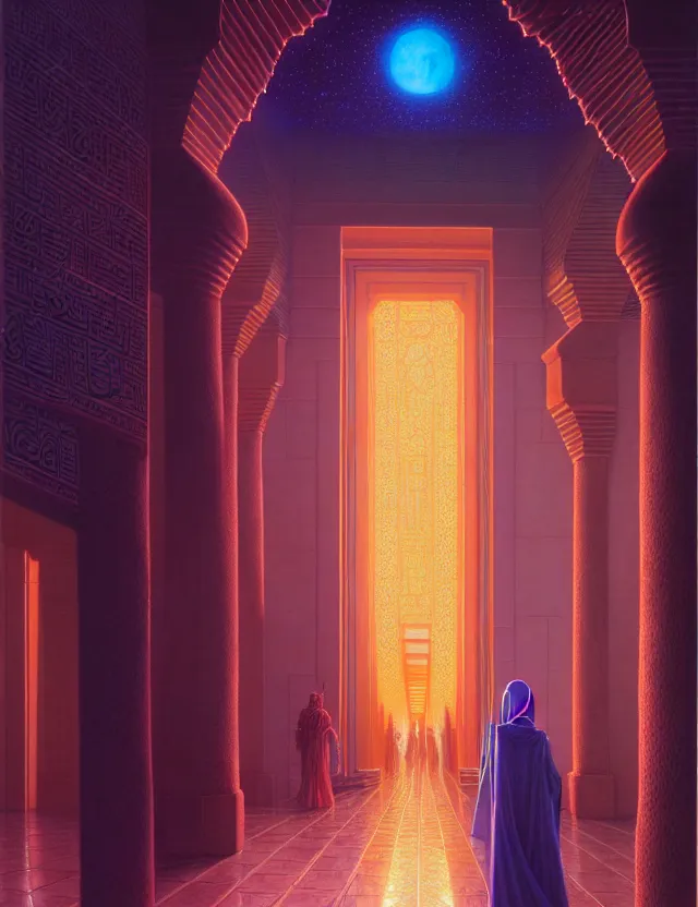 Prompt: infinite hallway, palace light technology, morrocan and thai architecture, dark woman silhouette, tim hildebrandt, bruce pennington, wayne barlowe, donato giancola, trending on artstation, cinematic composition, beautiful lighting, hyper detailed, 8 k, oil on canvas