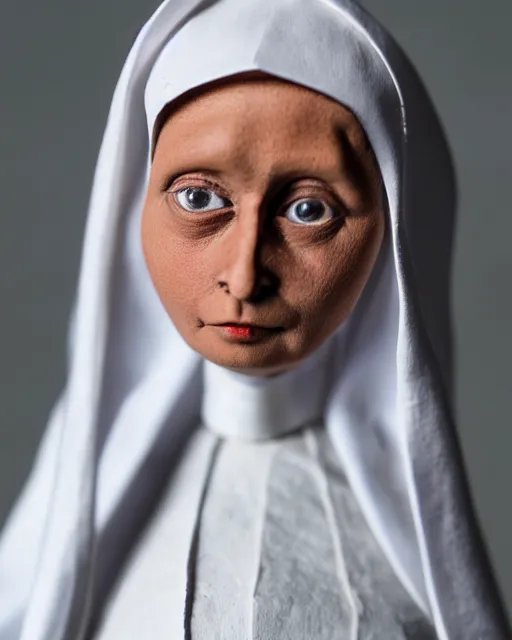 Image similar to a paper mache doll of a dead nun, realistic, very detailed, complex, intricate, studio lighting, superres sharpening, bokeh, sigma 5 0 mm f 1. 4