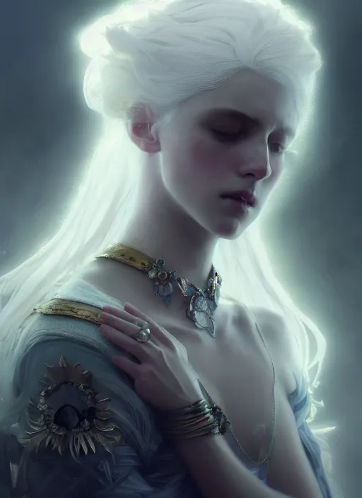 Image similar to a beautiful white haired princess, adorned with precious stone jewelry, intricate concept art, ethereal, ominous, gorgeous dark fantasy, misty, dramatic lighting, octane render, 8 k, ruan jia and jeremy mann and alphonse mucha