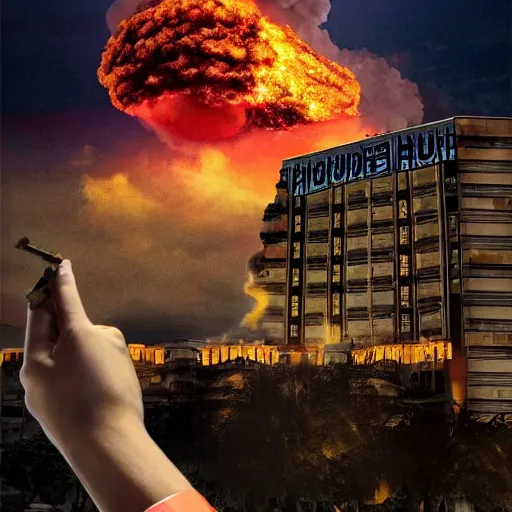 Image similar to mr. house, realistic, highly detailed face, looks at the big explosion, nuclear fungus, explosion, from the window of the lucky 3 8 casino, man smokes a cigar,! holding in his hand!, arm, cigarette advertising, hyperdetailed, artstation trending, ultra hd, artstation, photorealism, ultrarealistic, retro, 4 5 mm, elegant,