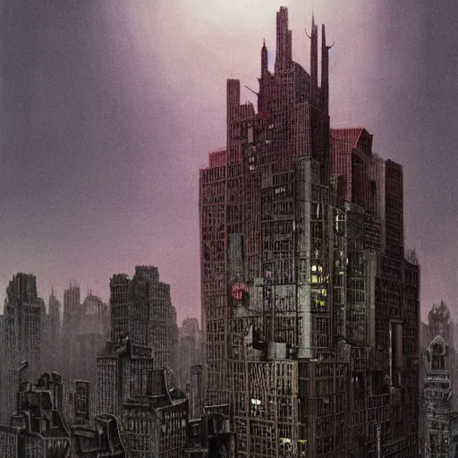 Image similar to A picture of Gotham City, Batman can be seen standing on the roof of a building in the background in the style of Zdzislaw Beksinski