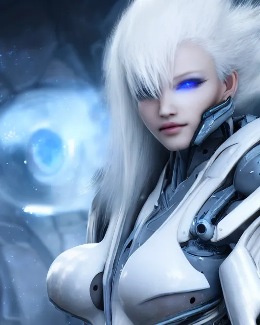 Prompt: perfect white haired alien being, warframe armor, beautiful, dreamy, half asian, pretty face, blue eyes, detailed, windy weather, scifi platform, laboratory, experiment, 4 k, ultra realistic, epic lighting, android body, illuminated, cinematic, high detail, masterpiece, art by akihito tsukushi, akihiko yoshida, voidstar