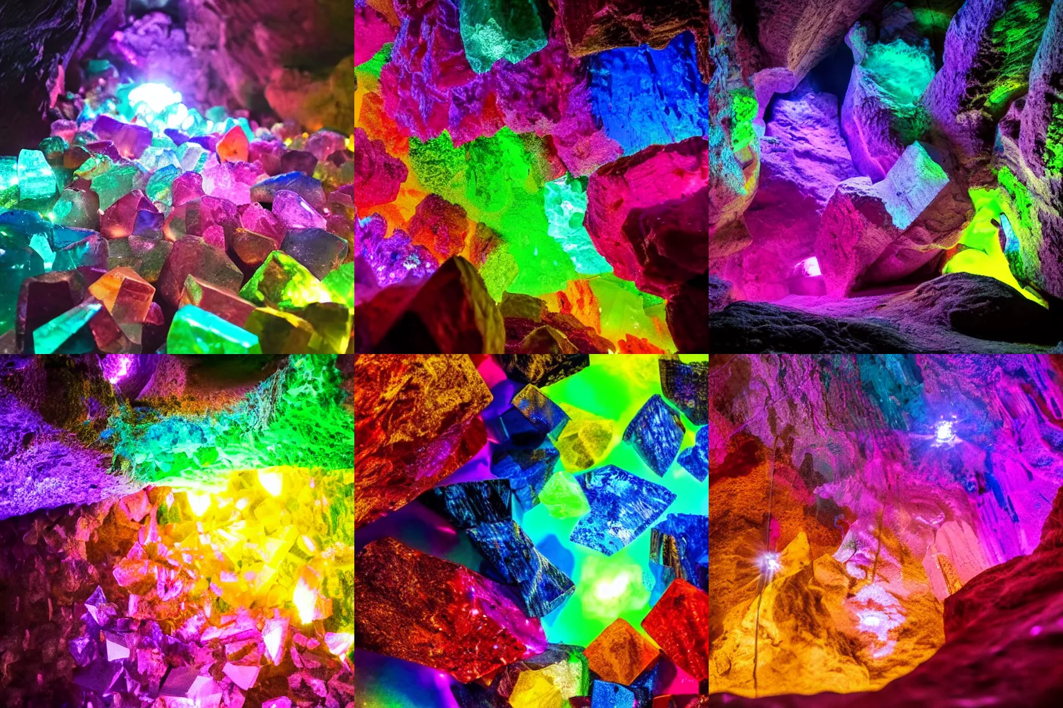 Prompt: Colorful crystals glowing in a dark cave