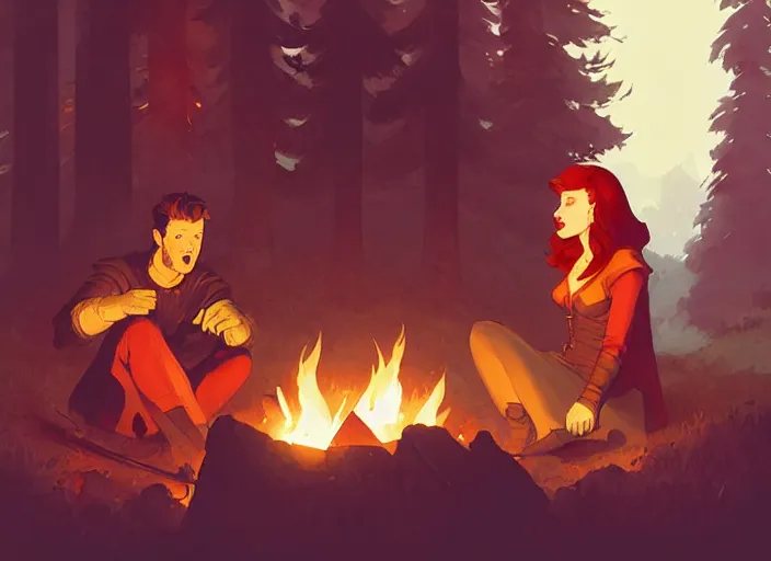 Image similar to a brunette man and a red - haired woman chatting together around a campfire, medieval times by atey ghailan, by greg rutkowski, by greg tocchini, by james gilleard, by joe fenton, by kaethe butcher, dynamic lighting, gradient light blue, brown, blonde cream and white color scheme, grunge aesthetic