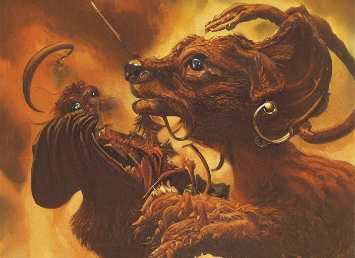 Image similar to Highly detailed oil painting of a dachshund balrog, intricate artwork by Angus McBride, John Howe, Matthew Stewart, Ted Nasmith, heroic fantasy