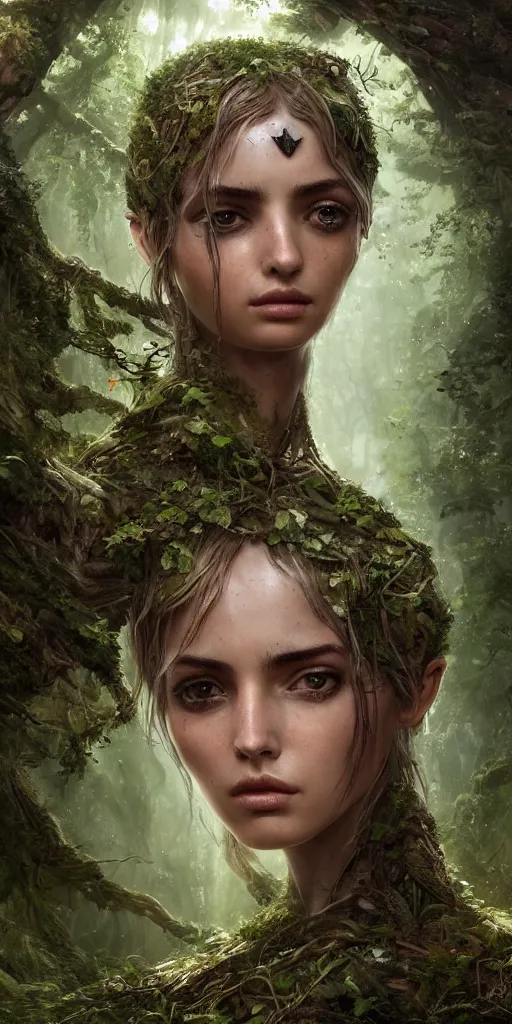 Image similar to a cyborg forest nymph in an ancient forest, ana de armas, flawless symmetrical pretty cute face, greg rutkowski, 8 k, shallow depth of field, intricate detail, concept art,