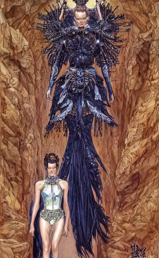 Image similar to fashion model walking down a catwalk, elaborate dress by alexander mcqueen, art by michael whelan and chris moore and howard david johnson and tim white and dan giancola