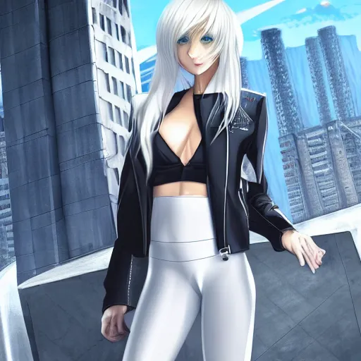 Prompt: platinum - blonde - haired long bob cut blue - eyed princess wearing white leggings and black jacket, standing next to communist monument, communist city, dictatorship of the proletariat, anime, hd anime wallpaper, hyperrealistic lighting, volumetric lighting, drawn by artgerm