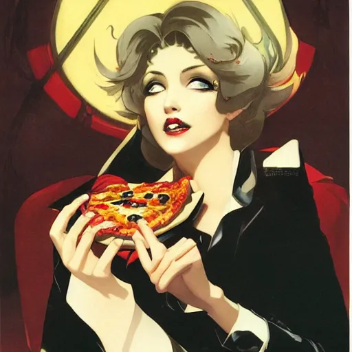 Prompt: attractive female vampire eating a pizza in a bright lounge by y j. c. leyendecker, yoji shinkawa, katayama bokuyo