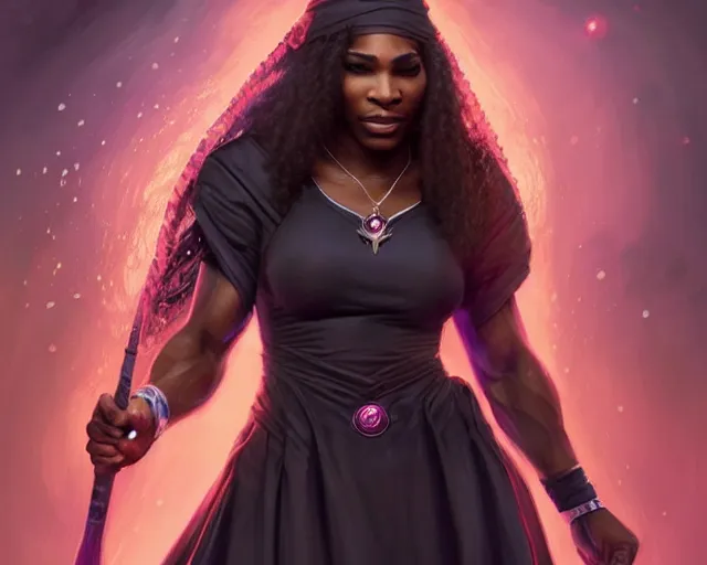 Prompt: mindblowing, serena williams as a female warlock, black wizard hat, robes, deep focus, d & d, fantasy, intricate, elegant!!, beautiful, highly detailed, digital painting, artstation, concept art, matte, sharp, illustration, hearthstone, art by artgerm and greg rutkowski and alphonse mucha