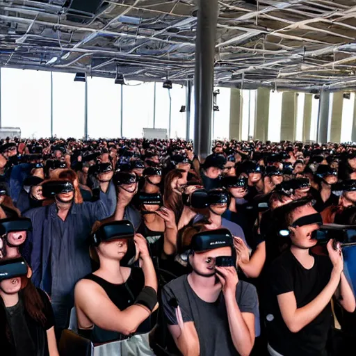 Prompt: huge crowd of people wearing VR headsets, photoreal