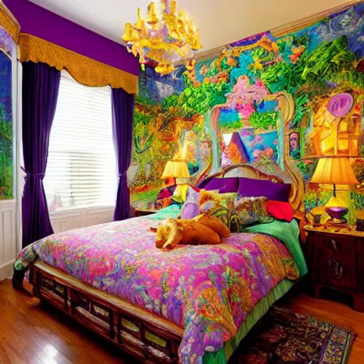 Image similar to a cozy bedroom decorated in wall to wall Lisa Frank murals, ornate, detailed, high resolution, wow!, intricate