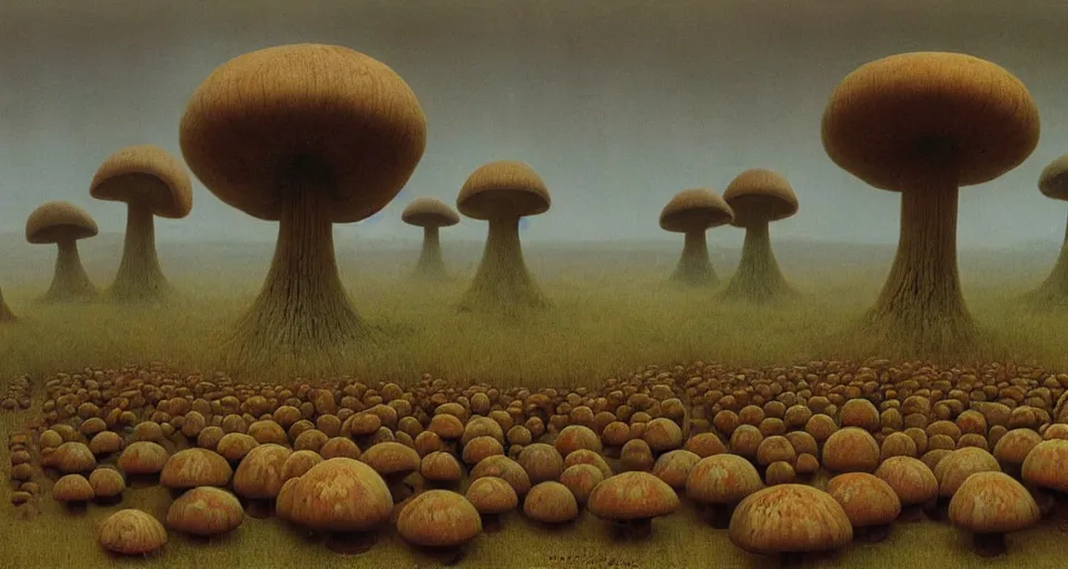 Image similar to A tribal village in a forest of giant mushrooms, by Zdzisław Beksiński