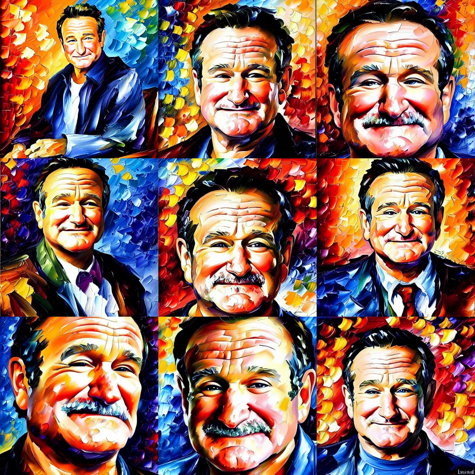 Prompt: a portrait of robin williams, palette knife oil painting on canvas by leonid afremov