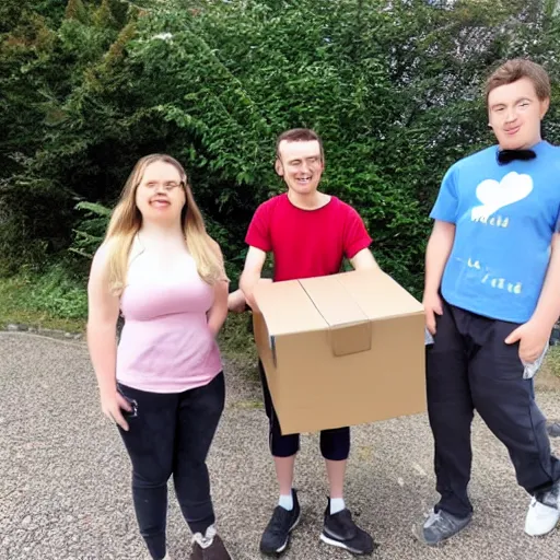 Prompt: 5 young people with downsyndrome moving house