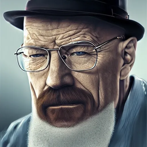 Image similar to Walter white as an Old man, blue eyes, bushy white beard, digital painting, lots of details, extremely detailed, 4k, intricate, brush strokes, Mark Arian, Artgerm, Bastien Lecouffe-Deharme