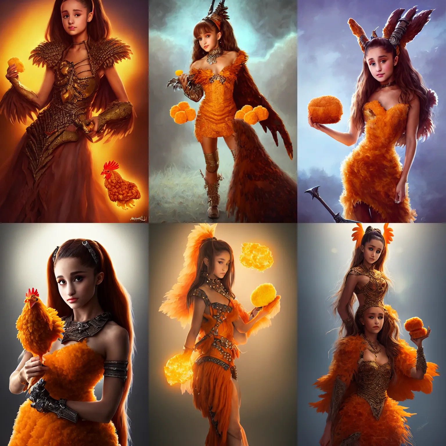 Prompt: ultrarealistic fantasy portrait warrior ariana grande holding a chicken nugget, orange dress made out of ( chicken nuggets ) ( chicken nugget ) mantle gothic ( chicken nugget ) cloak with intricate details, fantasy character octane render, cinematic lighting, volumetric lighting, artstation, dnd art, cgsociety, sharp focus, digital painting by artgerm, gerald brom, wlop