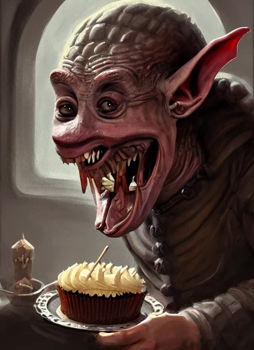 Image similar to profile face portrait of a medieval goblin eating cakes in the cloisters, beautiful face, hyper realistic, highly detailed, digital painting, artstation, illustration, concept art by hyung tae and frank frazetta, digital paint, matte paint, washed colors, dark, gloomy