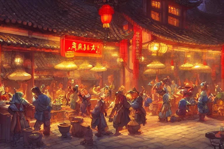Image similar to fantasy art of a bustling tavern in china, at night, by jesper ejsing, highly detailed digital art, trending on artstation