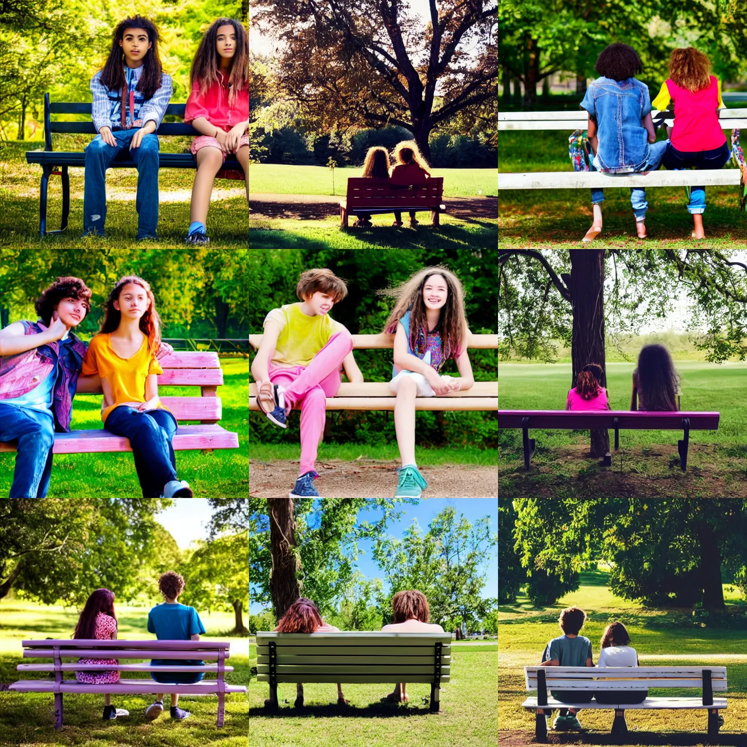 Prompt: a teenage boy and girl sitting on a park bench on a clear day, in hippie movement style