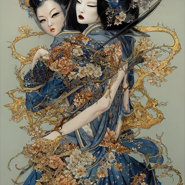 Image similar to asian geisha watercolor painting by, daniel merriam, ayami kojima, peter mohrbacher, intricate detail, artstation, artgerm, in the style of darkness fantasy, rococo, gold leaf art, rime lighting