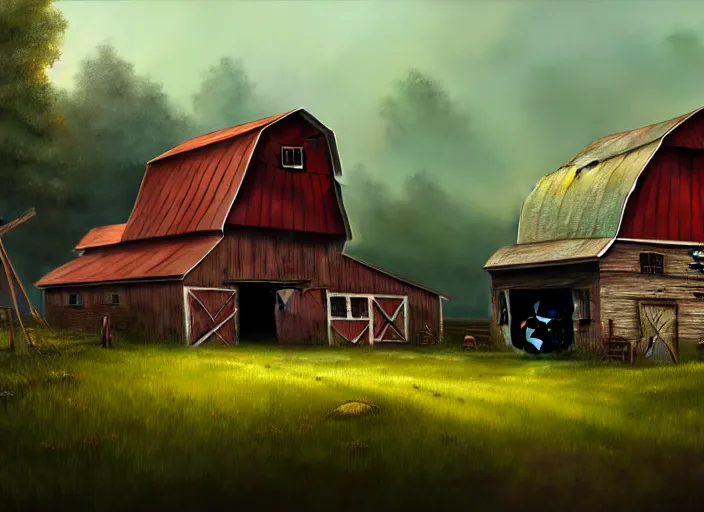 Prompt: A barn at an Iowan farm, barndoors broken open by baba yaga's hut, game art matte painting hyperdetailed, artstation, cgsociety, 8k, surreal dream landscape