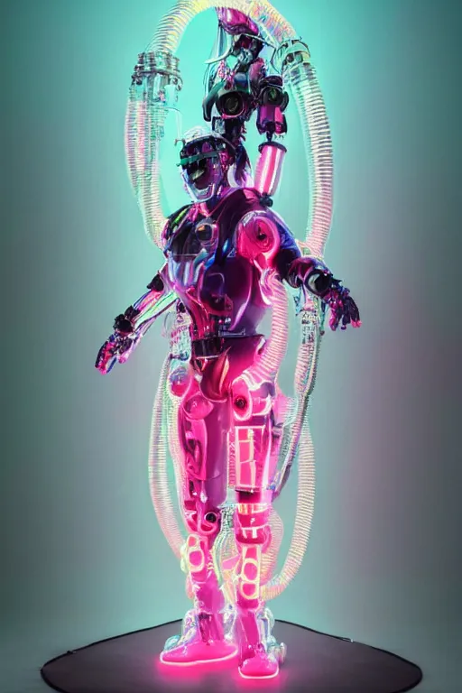 Prompt: full-body rococo and cyberpunk style mint neon and ceramic statue of a muscular attractive Nick Jonas as a robot god humanoid wearing a thin see-through plastic cloak sim roupa, posing like a superhero, suspended to the wall thick clear cables around his wrists, glowing peach face, crown of pink steampunk lasers, large diamonds, swirling silver silk fabric. futuristic elements. oozing glowing liquid, full-length view. space robots. human skulls. throne made of bones, intricate artwork by caravaggio. Trending on artstation, octane render, cinematic lighting from the right, hyper realism, octane render, 8k, depth of field, 3D