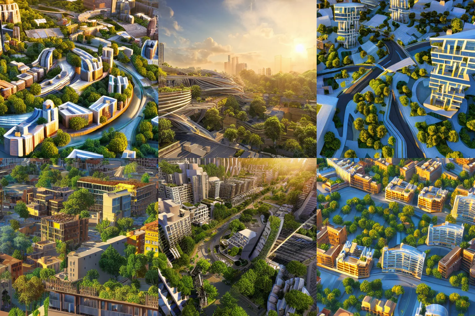 Image similar to a beautiful eco-city center full of skybridges and terraces, sunbeams, golden hour, detailed, realism, 8k high resolution