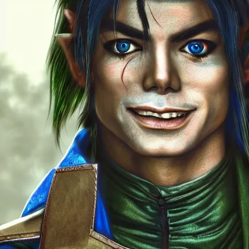 Image similar to 8k hyper realistic HDR portrait photo of Link from Legend Of Zelda with Michael Jackson’s face