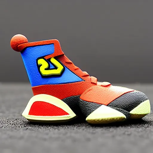 Image similar to realistic scultpure of plastic toy sneaker! design, sneaker design overwatch botw fantasy style mixed with aztec mayan native street fashion, focus on sneakers only, shoes designed by akira toriyama and studio ghibli