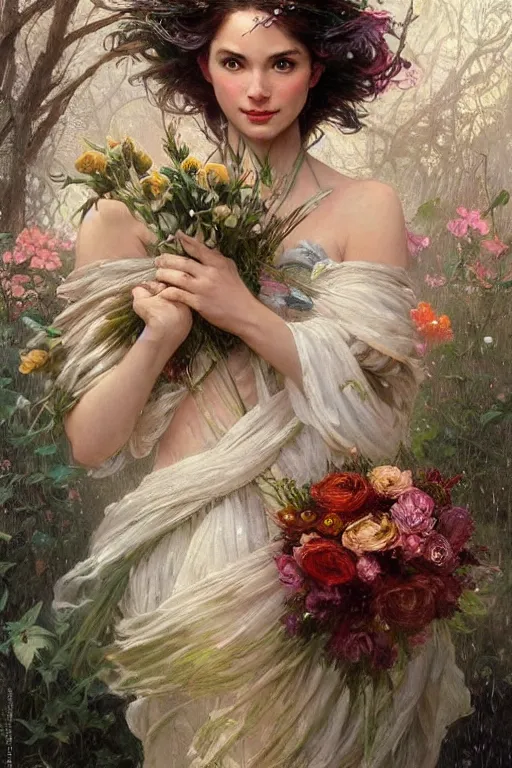 Image similar to portrait of a beautiful mysterious woman holding a large bouquet of flowing flowers, wet dripping long hair, hands hidden under the bouquet, emerging from the water, fantasy, regal, intricate, by stanley artgerm lau, greg rutkowski, thomas kindkade, alphonse mucha, loish, norman rockwell