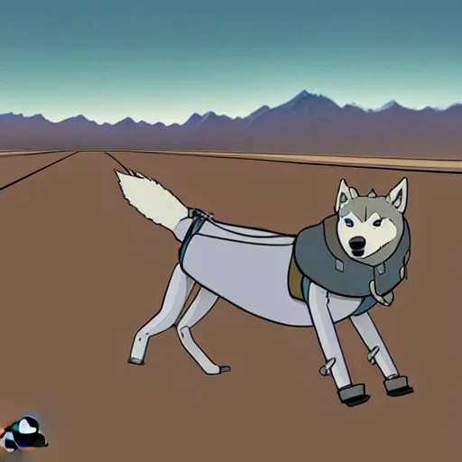 Image similar to a study of cell shaded cartoon of a grey robot sled dog from howl's moving castle ( 2 0 0 4 ) on a desert road, full body, wide shot, very muted colors, post grunge, studio ghibli, laurie greasley, highly detailed, deviantart, art by artgem