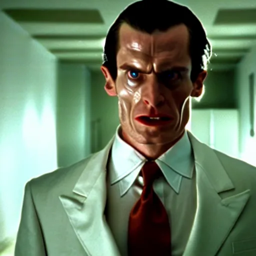 Image similar to a still of a Draconian in the American Psycho (2000), doing the Bateman stare, cinematic still, 4K Bluray