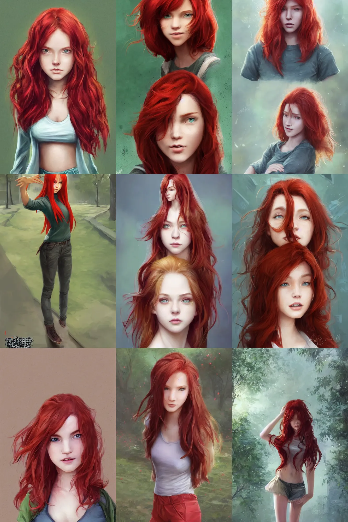 Prompt: beautiful cute red haired joyful and playful nineteen year old maiden standing up in casual green clothing in a modern city, long hair, athletic body, rpg character, sci - fi, fantasy, intricate, elegant, digital painting, artstation, concept art, smooth, 8 k frostbite 3 engine, ultra detailed, art by artgerm and greg rutkowski and magali villeneuve