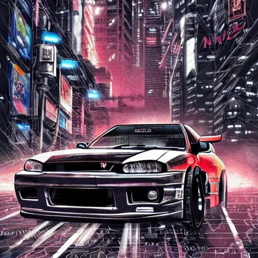 Image similar to beautiful hyper-detailed full colour manga illustration of a robot ninja warrior with a sword, driving through the city, in a modified Nissan skyline r34, cyberpunk, dystopian